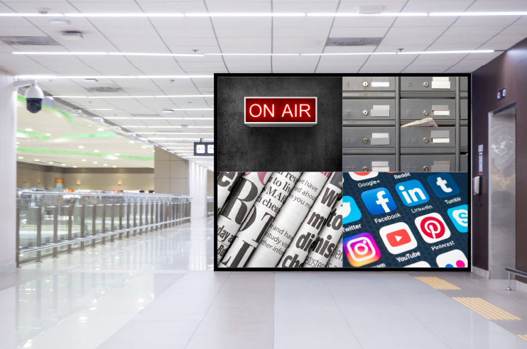 Imagem que descreve uma campanha massificada mostrando os diversos espaços publicitários onde esta poderá estar. Rádio, jornais, redes sociais, correio.